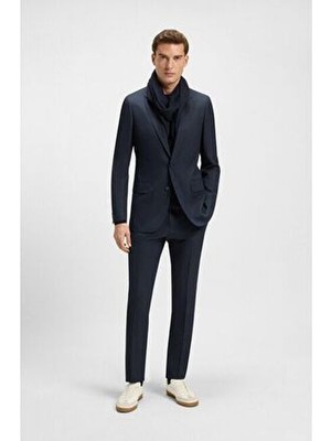Boss Erkek Saf Yün, Ipek ve Keten Karışımlı Fit Kesim Tamamen Astarlı Lacivert Takım Elbise 50549196-408