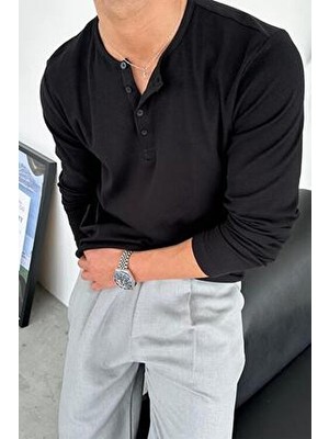 Siyah Basic Fitilli Düğmeli Yaka Relax Fit Uzun Kollu Tişört