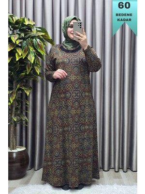Elmas Tesettür Kadın Giyim Büyük Beden Etnik Desenli Yakası Taşlı Elbise