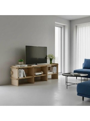 Kut Tasarım Tv Ünitesi Salon, Oturma Odası, Modüler, Doğal, Ahşap 4 Gözlü Ünite Kontrplak Ahşap