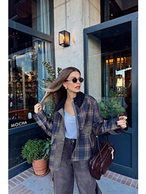 Sue Store Haki Lacivert Ekoseli Astarlı Kadife Yaka Ceket