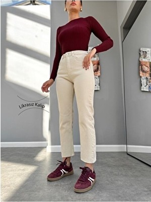 Ekru Paça Kesik Orj Jean Kadın Denim Pantolon 34 Beden Düz Desen