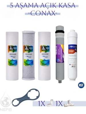 Conax Tüm Açık Kasalar İçin 5 Aşamalı Filtre Takımı, 80 GPD Membranlı, Anahtar Hediyeli
