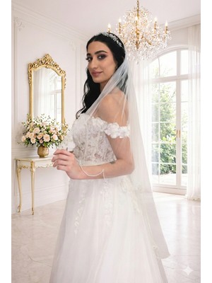 Gold Moda El İşlemeli Kristal Boncuklu  Düz Duvak (75 cm)