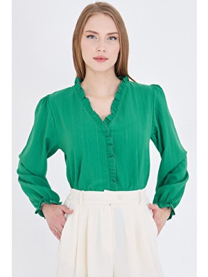 Armonika Kadın Koyu Yeşil Yakası ve Önü Fırfır Detaylı Kolları Lastikli Uzun Kollu Bluz ARM-25K001030
