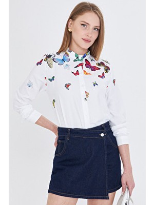 Armonika Kadın Sarı Desenli Hakim Yaka Gömlek Günlük Stil Regular Kesim S