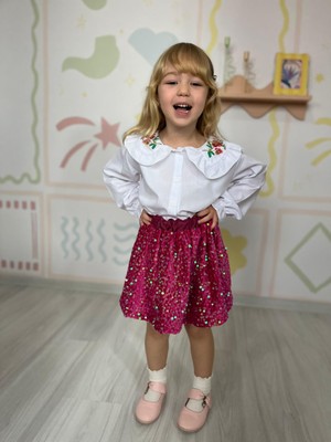 Yiğit Butik Kadife Etekli Nakış Işleme Gömlekli Kız Çocuk Takım