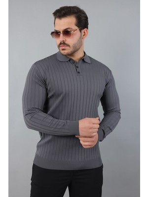 Masso Erkek Uzun Kol Polo Yaka Düğmeli Çizgili Triko