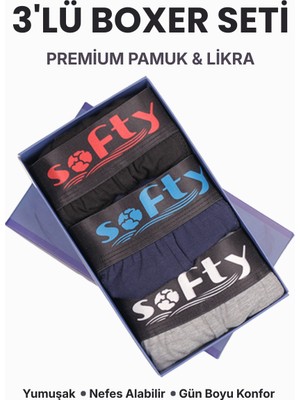 Softy 3’lü Erkek Pamuk Boxer Seti Siyah Gri Lacivert – Yumuşak Dokulu Günlük Kullanım Penye Pamuk Nefes Alan Kumaş