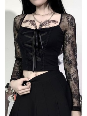 İsra Ayyıldız Moonstar Collection Siyah Harajuku Fashion Gotik Detaylı Y2K Uzun Kollu Crop Bluz