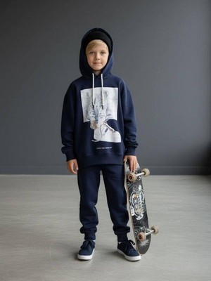 Zekids Erkek Çocuk Pamuklu Baskılı Kapüşonlu Sweatshirt