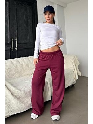 Madmext Bordo Kadın Eşofman Altı Düz Pamuk Polyester Uzun Bol Paça Regular Kalıp Günlük Stil