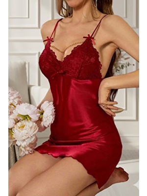 Bluewhs Kadın Alev Kırmızısı Saten Gecelik Seksi Şık Transparan Dantel Dekolte Kırmızı Saten Gecelik