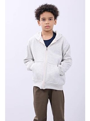 Perendi Unisex Çocuk Kapüşonlu Fermuarlı Hırka Gri Düz %100 Pamuklu Uzun Kol Özellikli