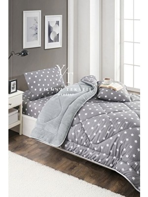 Home Tek Kişilik Welsoft Yorgan Uyku Seti Füme Yıldız Geometrik Desenli Lastikli Çarşaflı 155 x 215 cm