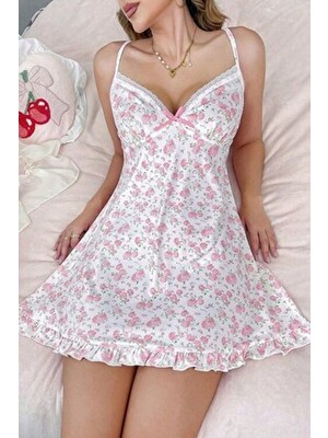 Bella Notte Romantik Ince Dantel Detaylı Çiçek Desenli Pembe Gecelik