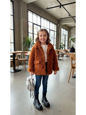 HC Kids Wear Pelüş Kaban Hardal Renkli Kız Çocuk İçin Uzun Kollu Düz Desenli Model