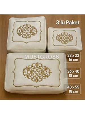 Mustgross Çeyizlik Kadife Gold Işlemeli 3 Lü Krem Bohça Nişan Gelin Damat Hurcu