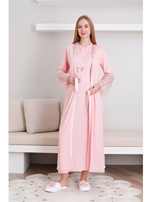 Erdeniz Tekstil Hamile Gecelik Sabahlık Takım Dantel Detaylı Düğmeli Emzirmeli Lohusa Takım 2'li
