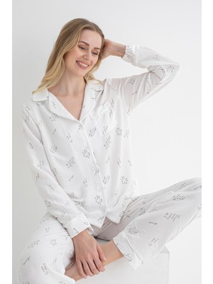 Dofi Kadın 1780 Desenli Pijama Takımı Uzun Kollu, Düğmeli, Aerobin Kumaş - BEYAZ