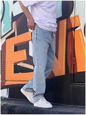 Mbg Erkek Baggy Fit Denim Pantolon Mavi Renk Orta Kalınlık Günlük Kullanım İçin Rahat Kesim