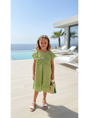 Kız Çocuk Yeşil  Pamuklu Keten Elbise