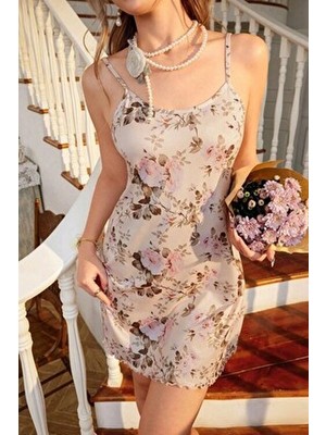 Bella Notte Kadın Romantik Bahar Esintili Mini Ip Askılı Gecelik Bej Çiçek Desenli Elastan