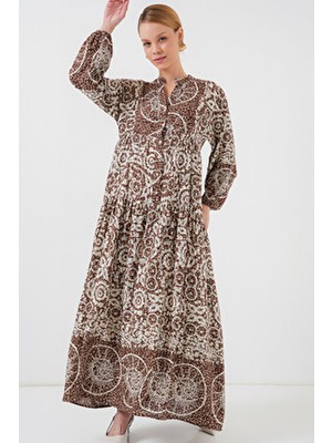 Bigdart 2423 Otantik Desenli Tesettür Elbise - Y.kahve