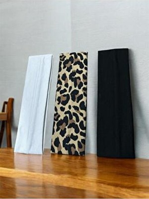 Melkady 541F - Leopar Desenli ve Düz Esnek Kadın/unisex Saç Bandı Seti (3'lü), Günlük, Sporcu Bandı