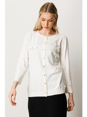 Mutlu Ertan Kadın Cep Detaylı Düğmeli Triko Hırka Ekru 20228