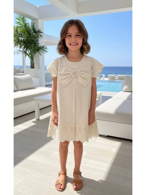 Kız Çocuk Bej Pamuklu Keten Elbise
