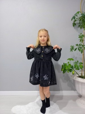 Miviko Kız Çocuk Elbise Kotlu ve Taşlı Mevsimlik Bayramlık  Gezmelik Super Kaliteli Pamuk  Kumaş Yuzde Yuz