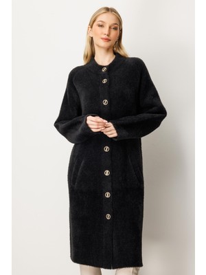Mutlu Ertan Kadın Angored Kombinli Düğmeli Pardesü Siyah 20237