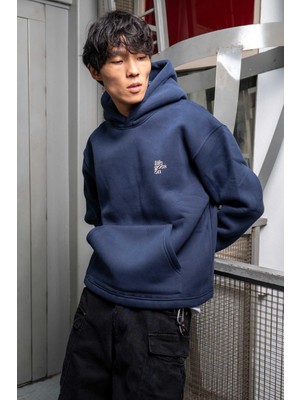 Abluka Online Erkek Kabartmalı Baskılı Kapüşonlu Hoodie Lacivert