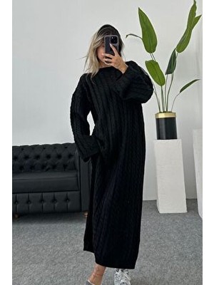 Kupakızı Siyah Oversize Model Triko Elbise