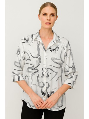 Mutlu Ertan Kadın Saten Desenli Gömlek Krem 30395
