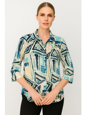 Mutlu Ertan Kadın Desenli Krep Gömlek Desenli Ekru 30396