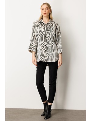 Mutlu Ertan Kadın Zebra Desenli Düğmeli Gömlek Siyah- Bej 30423