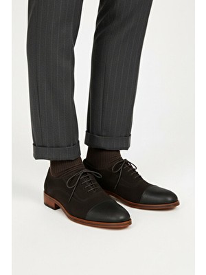 Deriderim Kahve Karışık Doku Kapitone Burunlu Hakiki Deri Klasik Erkek Ayakkabı