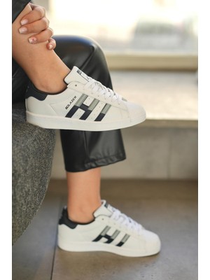 Solazer Kadın Siyah Beyaz Çizgi Detaylı Ortopedik Sneaker 059-K 059-K