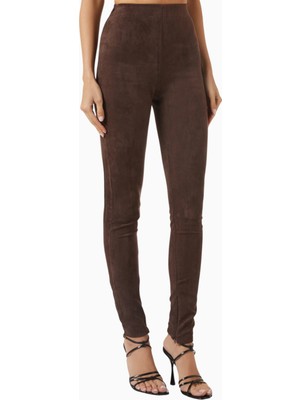 Maniere De Voir High-Waisted Leggings, Koyu Kahverengi Faux Suede, Yüksek Bel Lüks Tayt