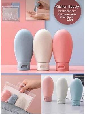 Kitchen Beauty 3 Adet Seyahat Tipi Doldurulabilir Krem Şampuan Duş Jeli Sprey Losyon Şişe Seti Krem Kutusu 60 ml