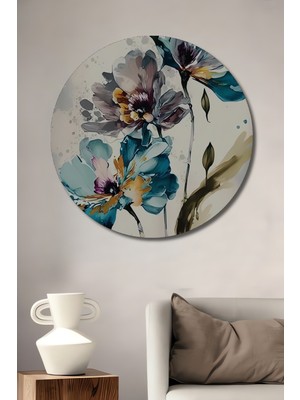 Teona Ahşap Soyut Çiçek Esintisi Sulu Boya Görünümlü Ahşap Dekoratif Tablo Yuvarlak Duvar Tablosu