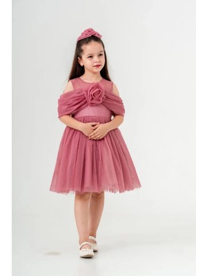 Eray Kids Kız Çocuk Gül Detaylı Tokalı Kabarık Doğum Günü Özel Gün Elbisesi