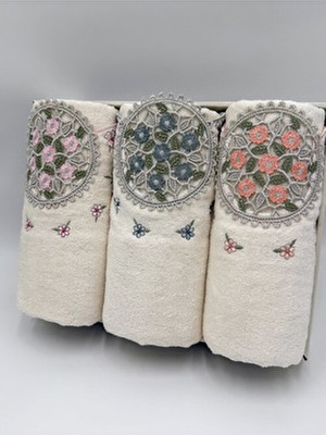 ayhanhome 3 Adet Kadife Lüks Fransız Güpür Işlemeli Kutulu Çeyizlik 50X90 El ve Yüz Havlusu