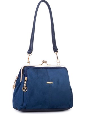 Nas Bag Burslu Klipsli Vintage Omuz ve Çapraz Çanta (23X20 cm Ebatlarındadır) Lacivert Süet