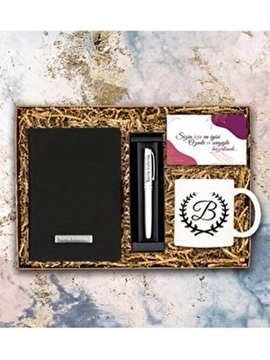 Kişiye Özel Harf Tasarım Kupa & Gümüş Renk Roller Kalem & Siyah Defter & Not Hediye Seti