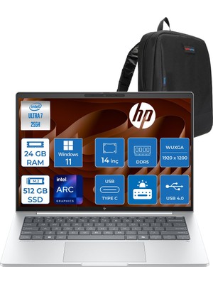Hp Elitebook 8G1I Intel Ultra7 255H 24GB Ddr5 512GB SSD Intel® Arc™ 140T Gpu Wuxga (1920X1200) IPS 300NIT WIN11PRO Taşınabilir Bilgisayar AD3S5ETP07+ZETTAÇANTA