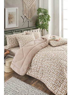 ChicMaison Bej Labirent Desenli Çift Kişilik Uyku Seti Ranforce 195 x 215 cm Yumuşak Konfor
