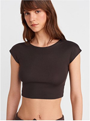Dilvin 30528 Pamuk ve Modal Karışımlı Crop Top-Koyu Kahve